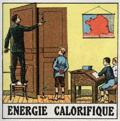Heat energy: a teacher in a classroom holds a candle near an open door. Anonymous illustration from 1925. Private collection.