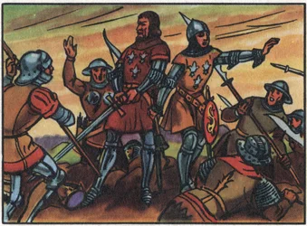 Hundreårskrig: "" Kongen av Frankrike John II den gode (1319-1364) ble tatt til fange av engelskmennene i slaget ved Poitiers 19.09.1356". Anonym illustrasjon i "" Collection des souverains et chefs d'état de la France"&qu