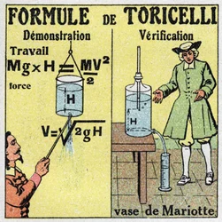 Hydraulic: demonstration and verification of Toricelli formula. The Italian physicist Evangelista Torricelli or Toricelli (1608-1647) gave a formula for calculating the flow rate of a liquid when one knows the height of its fall. On the right, the vase of 