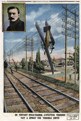 I fristende Douai - Madrid gjorde flygeren Jules Vedrines (1881-1919) Epinay til et forferdelig fall. Gravering i Le Petit Journal””, 05.12.1912