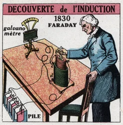 Induksjon: oppdaget induksjon av Michael Faraday (1791-1867) i 1830-1831 ved bruk av et batteri og et galvanometer. Anonym illustrasjon fra 1925. Privat samling.