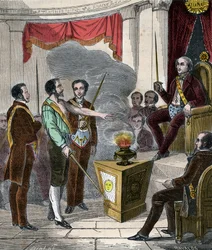 Innvielse av en fransk frimurer i brorskapet - Mottakelse (seremoni) av en Franc-Maçon - Stikk fra 1879 i „Histoire des Sociétés Secrètes, Politiques et Religions” av Pierre Zaccone (1817-1895)