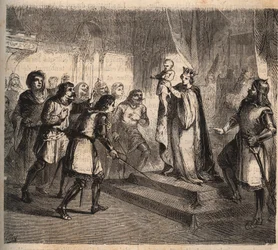 Jeanne av Flandern (1295-1374), kone til Jean de Montfort, hertugen av Bretagne (1293-1345) presenterer sin sønn, Johannes IV av Bretagne, grev av Montfort (kjent som den tapre eller erobreren)