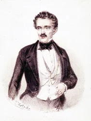 Johan Strauss jr. (1825 - 1899), forfatter av "Beautiful Blue Donau" og "Bat - Mouse" i 1874. Tegning.