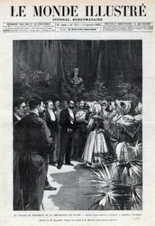Reisen til Sadi Carnot (1837-1894) til Savoy: Republikkens president blir ønsket velkommen i Chambery av unge jenter som tilbyr ham en blomsterbukett. En avis. Gravering i “Le monde illustree”” fra 1892. Privat samling.