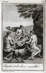 Jupiter child fed by the goat Amalthee. Engraving from 1819 in “Lettres a Emilie sur la mythologie” by Charles Albert Demoustier (1760-1801). Private collection.