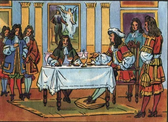 Kong Ludvig XIV (1638-1715) mottok komiker og dramatiker Jean Baptiste Poquelin dit Moliere (1622-1673) under en frokost i nærvær av hoffet på slottet i Versailles. Anonym illustrasjon i "" Collection des souverains et chefs d'état d