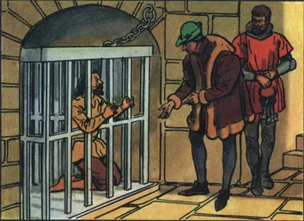 Kong Louis XI besøker burene til Bastille-fengselet. Anonym illustrasjon i ""Samling av Frankrikes suverene og statsoverhoder"". Det 20. århundre. Privat samling.