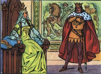 Kongen av Frankrike Ludvig X Hutinen (1289-1316) med Margarita av Burgund (1290-1315). Anonym illustrasjon i ""Samling av Frankrikes suverene og statsoverhoder"". Det 20. århundre. Privat samling.