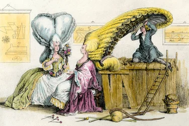 Store eksentriske frisyrer: unge kvinner av adelen stylet av en parykk. Gravering fra 1788 Privatsamling