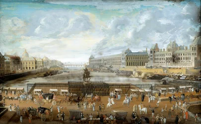 Pont Neuf sett fra inngangen til Place Dauphine, Quai Malaquais med Collège des Quatre-Nations samt Grande Galerie og Louvre. 1669. Paris, Musée Carnavalet