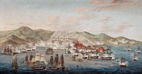 Bombardementet av Alger (Algeria), 27. august 1816, straffeaksjon beordret av Sir Edward Pellew (1757-1833), for å få løslatelse av den britiske konsulen, samt mer enn 1000 kristne slaver, tidligere sjømenn tatt til fange av algerierne - Flaggermusen