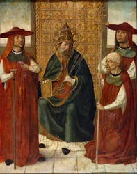 ""Kardinal Pedro Gonzalez de Mendoza ber sammen med St. Peter"" (Kardinal Pedro Gonzalez de Mendoza (1428-1495) ber før St. Peter) Anonymt maleri 1490-1495 Museo del Prado, Madrid
