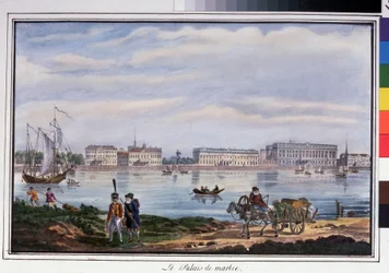 Marmorpalasset og Neva-vollen i St. Petersburg. Anonym litografi, fargelagt i akvarell, 22 x 32 cm