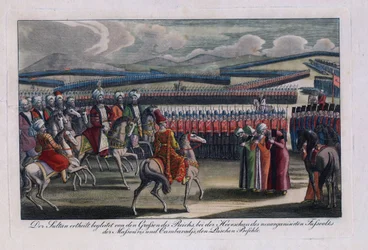""Den osmanske sultanen Selim III (1761-1808) gjennomgår sitt nye infanteri"" Anonym gravering 1806 Privat samling
