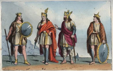 Merovingerne - det merovingiske dynastiet - Pharamond eller Faramund - Chlodio (Clodius, Clodion, Cloio eller Chlogio), Chlodio den Langhårede (ca. 390-ca. 450) - Merovech (Mérovée eller Merowig, ca. 412-457) og Klodvig (ca. 466-511) - stikk fra «Usi e