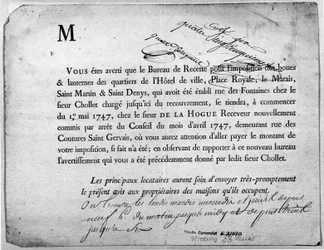 Brev fra skattekontoret om betaling av skatter datert april 1747.
