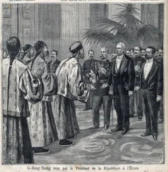 Li Hongzhang mottatt av republikkens president Felix Faure (1841-1899) på Elysee-palasset. Gravering i «Le Petite Parisien»»
