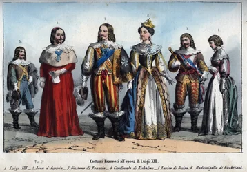 Ludvig XIII - Anne av Østerrike (1601-1666) (Anne av Østerrike) - Gaston av Frankrike (Gaston, hertug av Orleans) - Armand Jean du Plessis, kardinal de Richelieu - Henri II de Guise (Henry II, hertug av Guise) - Anne-Marie Budes de Guebriant - gravering fr