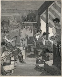 Produksjon av kammer i et verksted i Frankrike på 1800-tallet. Gravering fra 1885 i "" Les arts et metiers illustres"" av Adolphe BITARD.