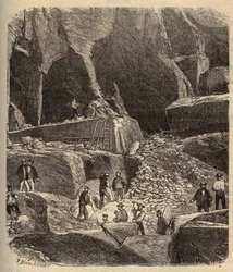 Marble quarries of Saint-Genies (Saint Genies) - Dordogne - engraving in “” PATRIE”” - DESCRIPTION PINTUREQUIREQUE DE LA FRANCE EN 6 VOLUES BY LUCIEN HUARD - end 19th century