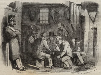 Måltid til de straffedømte i Rochefort-fengselet på 1800-tallet. Gravering i «Fangernes historie fra deres skapelse til i dag» (1877) av Pierre Zaccone (1817-1895) (Colonia Penale - Straffekoloni). Privat samling.