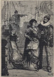 Møte mellom Lucrezia Borgia og Alfonso I d'Este, hertugen av Ferrara (1476-1534) - gravering fra "Lucrezia Borgia" av Oscar Pio - 1883