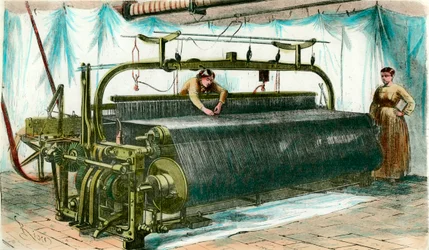 Metier for mekanisk veving i en stor fabrikk. Gravering rundt 1860.