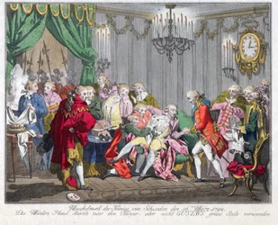 Gustav III av Sveriges død (1746-1792) - Attentatet på kong Gustav III den 16. mars 1792 - Anonym - 1792 - Etsning, akvarell - 33,5x46,3 - Privat samling