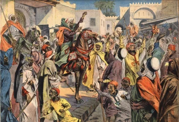 Mouley Hafid (Moulay-Hafid) proklamerer Sultan til Fez: de offentlige roperne kunngjør proklamasjonen til mengden. Gravering fra avisen "" Le Petite Parisien"", 26.01.1908. Privat samling.