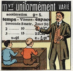 Movements: a teacher teaches the formulas of movement uniformly varies. Anonymous illustration from 1925. Private collection.