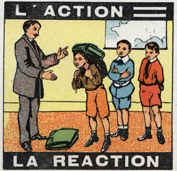 Movements: action, reaction. A boy wearing his bag. Anonymous illustration from 1925. Private collection.