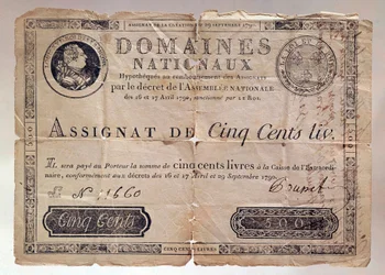 Papirpenger utstedt under Den franske revolusjon: en assignat på 500 livre fra 1790. Privatsamling