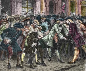 Paris IV arrondissement - Rue Quincampoix i 1720 under John Laws system (1671 - 1729) - "" Oppstyret på rue Quincampoix"" (konkurs forårsaket av lov) - Utsikt over rue Quincampoix med spekulantene på tidspunktet for systemet til John Law,