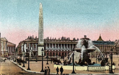 Paris: utsikt over Place de la Concorde med fontenene og Obelisque. (Derriere Hotel de la marine (Hotel du Garde Meuble) Fotografi fra 1920 i "" Artistic Album"" av byen Paris. Privat samling.