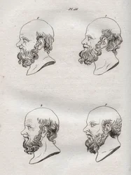 Fysiognomi - Fysiognomi - Flere overhoder av den greske filosofen Sokrates (ca. 469 f.Kr.-399 f.Kr.) (Byste av Sokrates (ca. 469 f.Kr.-399 f.Kr.), athensk filosof) gravering fra 1808 i "Kunsten å kjenne menn gjennom fysiognomi" Johann Gaspar (Gaspard) Lava