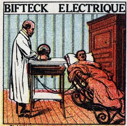 Fysiologiske effekter av elektrisitet: elektrisk biff. Ta vare på en pasient ved å føre elektrisitet gjennom kroppen ved hjelp av bare metallelektroder. Anonym illustrasjon fra 1925. Privat samling.