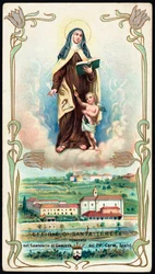 Fromt bilde: "" Representasjon av Saint Therese av Jesus eller Avila (1515-1582), spansk mystiker og karmelitt"" Kromolitografi. Privat samling