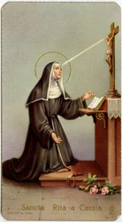 Fromt bilde: Rita av Cascia under hennes delvise Stigmata (kromolitografi)