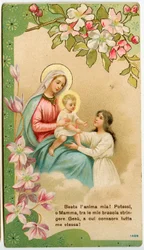 Fromme bilde: Jomfru med barn, en from jente tar Jesus i armene (kromolitografi)
