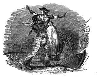 Pirat Charles Gibbs tar en nederlandsk jente fra skipet sitt (begynnelsen av 1800-tallet). Gravering av "" The pirate own book "" 1837.