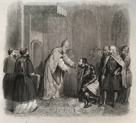 Pave St. Pius V (Pius eller Pio) (1566-1572) tar imot vinneren av slaget ved Lepante. Gravering fra 1846 i "" Lives of the saints"". Privat samling.