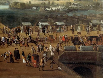 Porterstoler og publikum på Pont Neuf i Paris på 1600-tallet Detalj. Anonymt maleri. Paris, Musee Carnavalet
