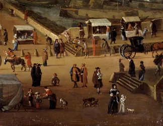 Porterstoler og handel på Pont Neuf i Paris på 1600-tallet Detalj. Anonymt maleri. Paris, Musee Carnavalet
