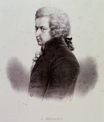 Portrett av den østerrikske komponisten Wolfgang Amadeus Mozart (1756-1791) Gravering. 1800-tallet. Milanesisk privatsamling