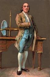 Portrett av BENJAMIN FRANKLIN (1706-1790) amerikansk skriver, forlegger, vitenskapsmann, oppfinner, statsmann og diplomat. Kromolitografi Privat samling