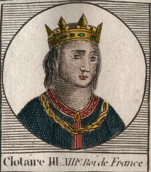 Portrett av Clothaire III (652 - 673), konge av Neustria og Burgund - Chlothar III eller Clotaire III, konge av frankerne fra merovingernes hus - gravering fra "Instruction sur l'Histoire de France"" av Charles Constant Le Tellier 1821