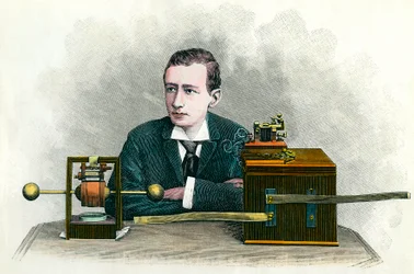 Portrett av Guglielmo Marconi (1874-1937), italiensk fysiker og oppfinner av telegrafen. Gravering omkring 1900. Privat samling