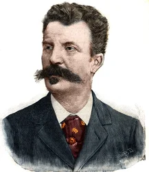 Portrett av Guy de Maupassant (1850-1893), fransk forfatter. Gravering i «Le Petit Parisien»