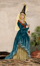 Portrett av Jeanne av Flandern (1295-1374), kone til Jean de Montfort, hertugen av Bretagne (1293-1345). Gravering fra 1859 i “” Le Monde. Alle folkeslags historie fra de fjerneste tider til i dag». av M. E. de Lostalot-Bachoue (Lostalot Bachoue). Pr